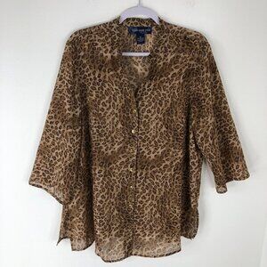 Susan Graver Button Up Tunic Women XL Brown Leopard Gold Thread Sheer 3/4 Sleeve